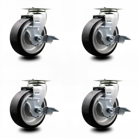 Service Caster 5 Inch Rubber on Aluminum Swivel Caster Set with Ball Bearings and Brakes SCC-20S520-RAB-TLB-4